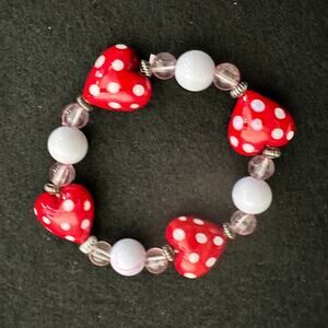 Stretch Beaded Bracelet Red Polka Dot Heart Beads White Pink Valentine Love